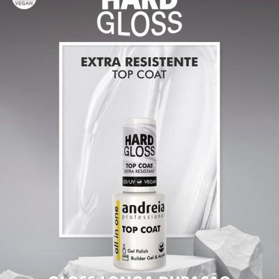 Verniz gel Andreia Hard Gloss Top Coat em embalagem cinzenta com texto informativo.