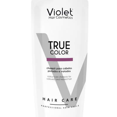 Frasco branco de champô Violet True Color para cabelos pintados e tratados