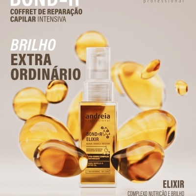 Frasco de elixir dourado para cabelo da andreia professional com texto promocional em fundo bege