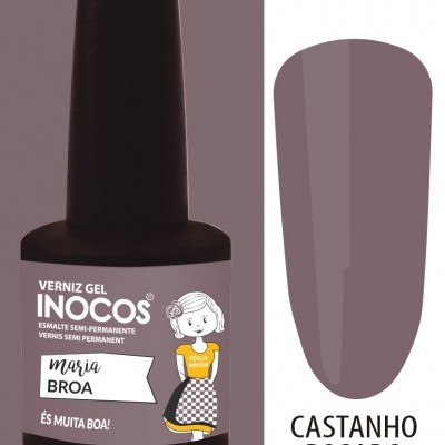 Frasco de verniz gel castanho rosado INOCOS com rótulo ilustrado