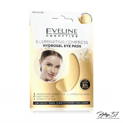 Embalagem de patches de olhos iluminadores Eveline Cosmetics em branco e dourado