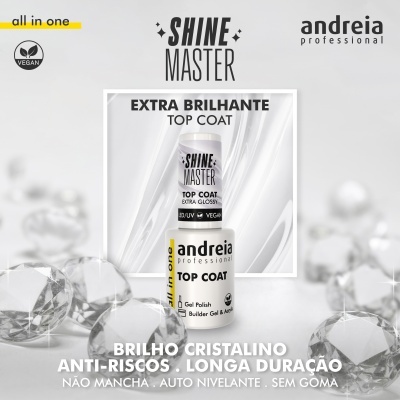 Verniz unhas Shine Master Andreia em fundo cinza com diamantes e texto promocional