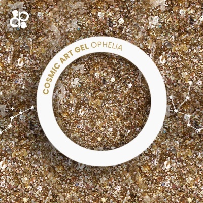 Frasco de COSMIC ART GEL OPHELIA com glitter dourado e prateado