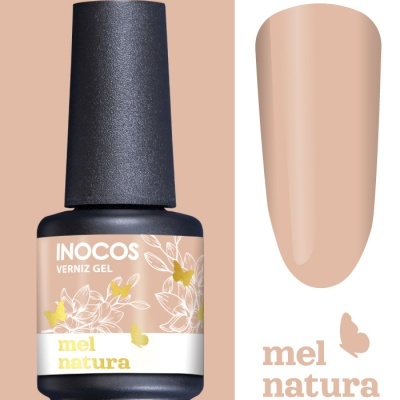 Frasco de verniz gel INOCOS mel natura com amostra de cor bege nude