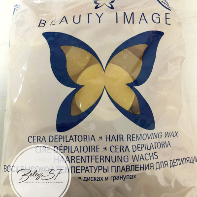 Pacote branco de cera depilatória BEAUTY IMAGE com borboleta azul e amarela