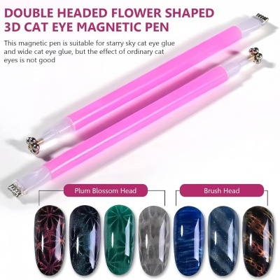 Duas canetas magnéticas rosa para efeito 3D cat eye com cabeças diferentes e amostras de esmaltes coloridos