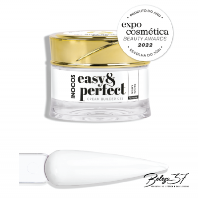 Frasco gel construtor Inocos easy & perfect milk white com prémio Expo Cosmética 2022 e amostra de gel branco