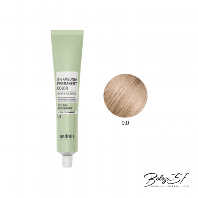 Tubo verde pastel de coloração capilar andreia Professional e amostra de cor 9.0 loiro claro