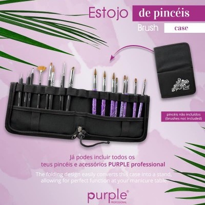 Estojo de pincéis preto com pincéis de cabos roxos