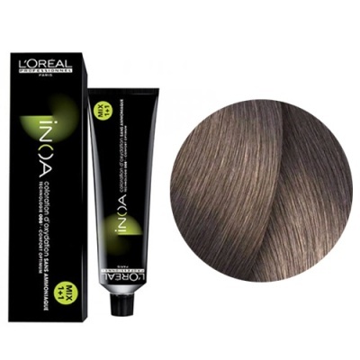 Tinta de cabelo L'Oréal INOA castanho claro natural 7.0 com embalagem preta e amostra de cor