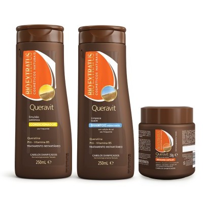 Conjunto de produtos capilares Queravit da Bio Extratus em embalagens castanhas com rótulos laranja, branco e azul