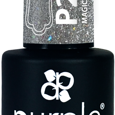 Frasco de verniz gel preto com tampa prateada brilhante e textos em branco