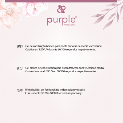 Descrição de gel de construção para unhas da marca Purple Professional com texto em três idiomas e fundo decorativo floral.