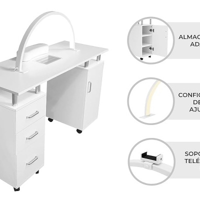Mesa para manicure branca com gavetas, armário, luz LED e rodízios