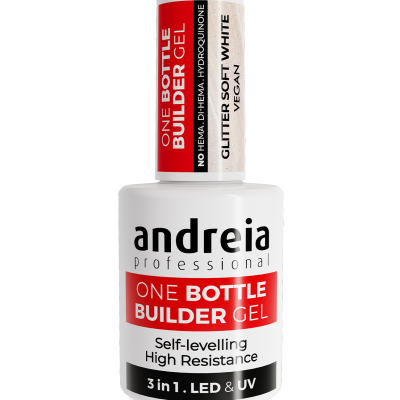 Frasco de gel para unhas Andreia Professional One Bottle Builder Gel com rótulos vermelhos e brancos