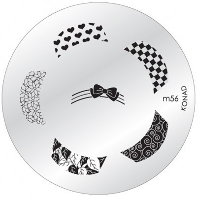 Placa redonda metálica para decoração de unhas com vários padrões em preto e texto 'm56 KONAD'