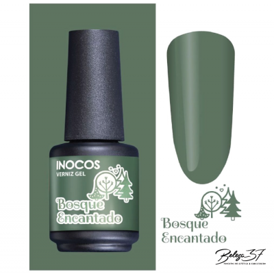 verniz gel verde INOCOS Bosque Encantado embalagem e amostra da cor