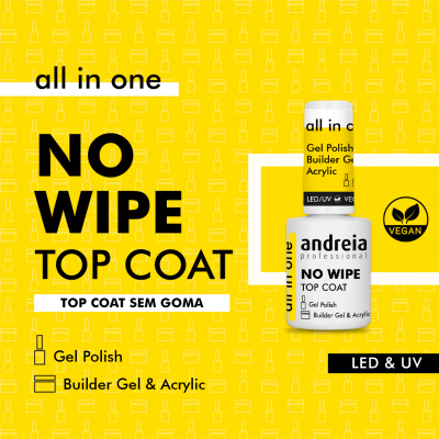 frasco de esmalte para unhas 'NO WIPE TOP COAT' em fundo amarelo com selo VEGAN