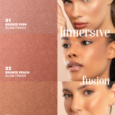 Texturas Bronze Pink, Peach e Coral com acabamento glow com modelos femininos maquiados e textos promocionais
