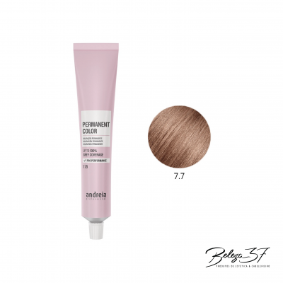 Tubo cor-de-rosa de tinta de cabelo Andreia Professional, código 7.7, sobre fundo branco.