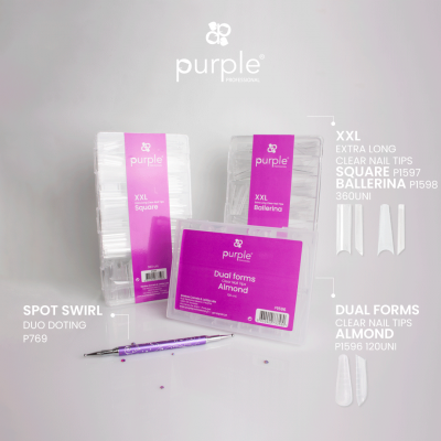 Embalagens transparentes de tips para unhas Purple Professional com rótulos roxos e descrições em fundo branco.