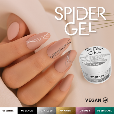 Unhas com verniz cor de pele e desenhos Spider Gel e pote do produto Spider Gel 03 Silver Andreia Professional