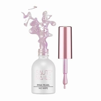 Frasco de verniz de unhas Pink Pearl da SAUT NAILS com pincel e verniz lilás metálico a escorrer