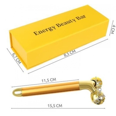 Barra de beleza dourada e estojo amarelo com texto Energy Beauty Bar