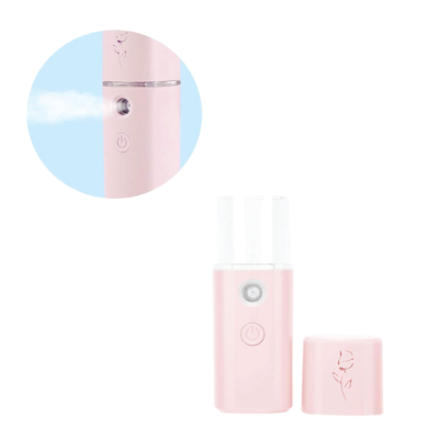 Dispositivo portátil rosa claro com desenho minimalista e botão de ligar