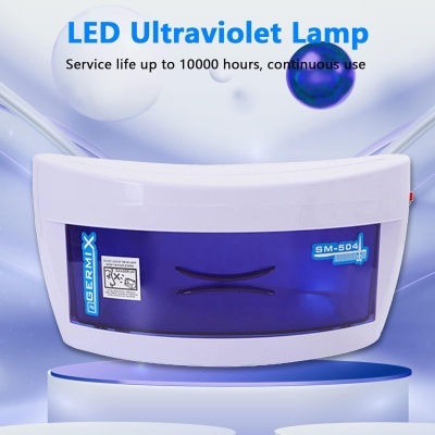 Lâmpada LED ultravioleta branca com visor azul e texto azul num fundo azul claro