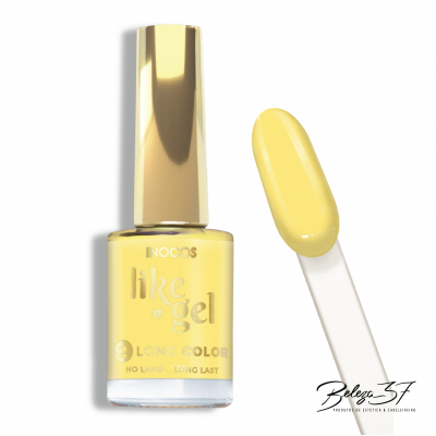 Esmalte de unhas amarelo da Inocos com tampa dourada e amostra de cor num palito.