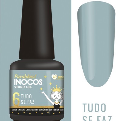 Esmalte verniz gel cinza azulado INOCOS com etiqueta colorida e ilustração