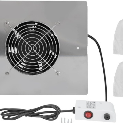 ventoinha metálica com grelha e controlo eléctrico, dois sacos brancos