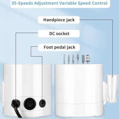 Dispositivo branco para unhas com várias pontas metálicas e texto técnico em inglês