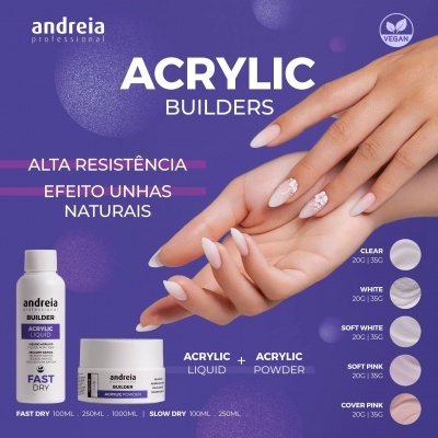 Produtos Andreia Professional Acrylic Builders e mão feminina com unhas acrílicas naturais
