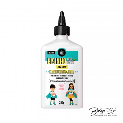 Frasco branco de condicionador Lola Lisinho com tampa preta e ilustrações de crianças