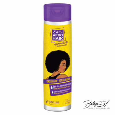 Condicionador Estilo Afro Hair em embalagem amarela e roxa com ilustração de mulher com cabelo afro