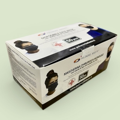 Caixa de máscaras cirúrgicas descartáveis tipo IIR com imagens de pessoas a usar máscara preta