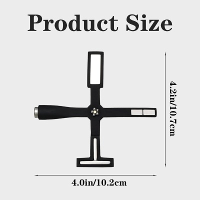 Objeto preto em cruz com medidas em fundo cinzento claro