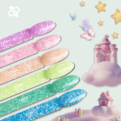 Limas de unhas coloridas com padrão bolhas e ilustrações de castelos, estrelas e borboletas ao fundo.