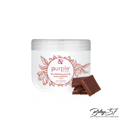 Frasco branco de creme esfoliante Purple com desenho floral e pedaços de chocolate ao lado