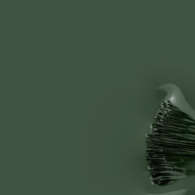 Pincel de maquilhagem com cerdas pretas e creme claro, fundo verde escuro.