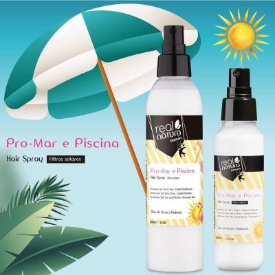 Frascos de spray para cabelo com filtros solares em fundo azul com guarda-sol e sol desenhados