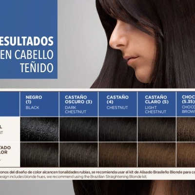Paleta de cores para cabelo tingido mostrando tons de negro, castanho escuro, castanho, castanho claro e chocolate com resultados visíveis e uma mulher de cabelo castanho escuro.