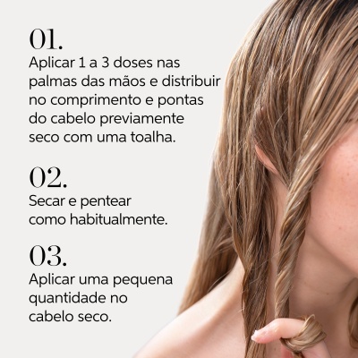 Instruções para aplicação de produto capilar com parte do rosto e cabelo de mulher loira