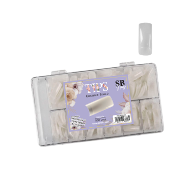 Estojo transparente com 500 unhas postiças brancas alongadas com adesivo lilás TIPS Encaixe Baixo