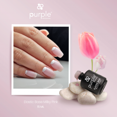 Frasco de verniz de unhas Purple Professional Elastic Base Milky Pink 15 ml com pedras brancas e flores cor-de-rosa, unhas pintadas em rosa suave