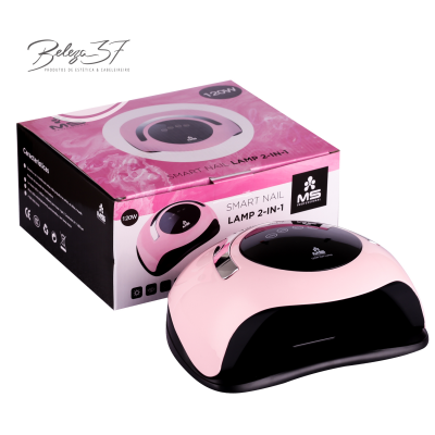Lâmpada para unhas SMART NAIL LAMP 2-IN-1 rosa e preta ao lado da sua caixa