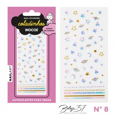 Autocolantes para unhas com desenhos de estrelas e planetas em embalagem rosa