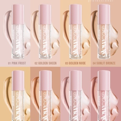 Oito frascos de base líquida Andreia Glow Care com tampas rosas e nomes dos tons em fundos pastel